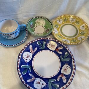 Vietri Solimene Campagna Italy Set Plates Bowl Cup Saucer Fish Octopus Frog Bird